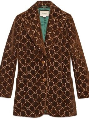 Gucci Chocolate Brown Velvet Monogram Blazer with Tan GG Motif